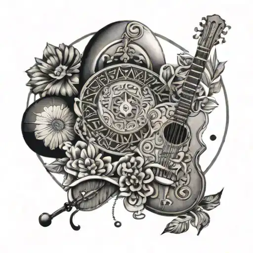 A Dotwork Mandala Design Incorporating Musical Instruments And Hawaiian Motifs