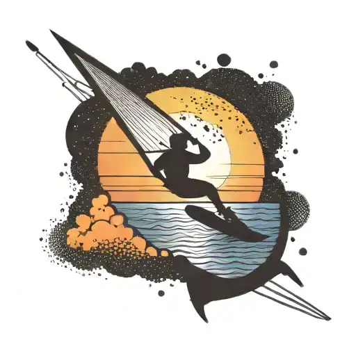 A Silhouette Of A Person Kite Surfing Against A Colorful Sunset Sky