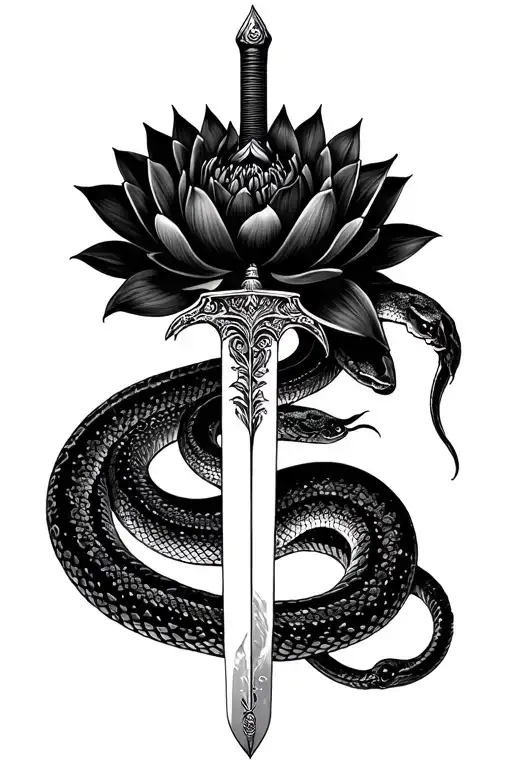 A Sword Going Down With An Anaconda Around It And A Black Lotus Flower In It