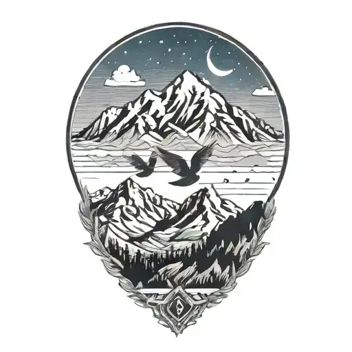 Sawtooth Mountain Range With Mountain Blue Birds Flying With Night Sky In The Background