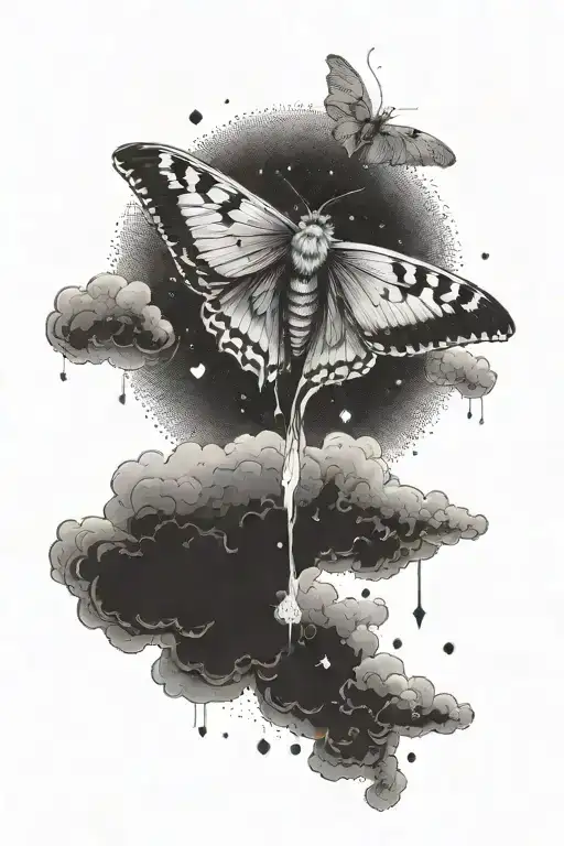 A Moth Flying Above A Cloud From Which A Heart Hangs