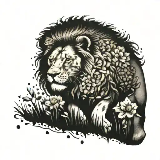 A Lion Running Through A Field Of Dotwork Flowers
