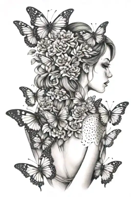 3D Girl Flowers Butterfly Wings