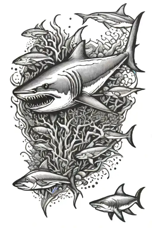 White Shark Under Water Reef Scene