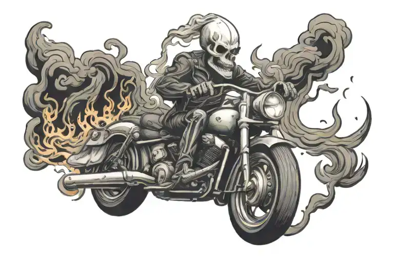 Skeleton Ghost Rider Wear Chef Hat Smoking Cigar Riding Cruiser Motorcycle On Fire