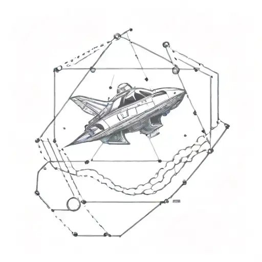 Fine Line Tattoo Of A Spaceship Flying Through A Dotted Hypnotic Swirl In A Hexagon Frame