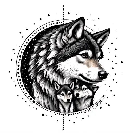 Dad And Baby Wolves And A Moon