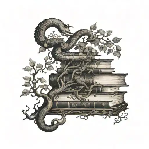 A Mysterious Bookshelf With Snake Motifs And Deep Tree Roots Growing From The Books
