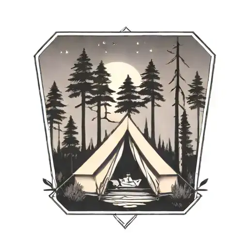 Camping Scene With Tent And Trees And Mountains