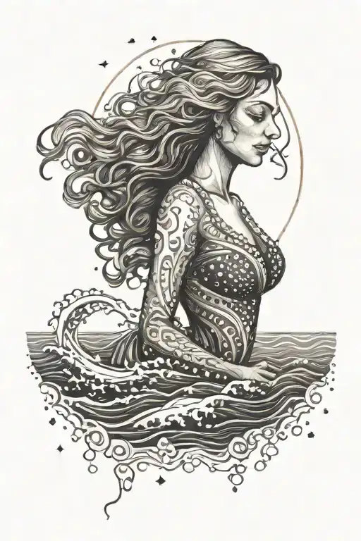 An Artistic Representation Of A Beautiful Woman Emerging From The Ocean At Sunset
