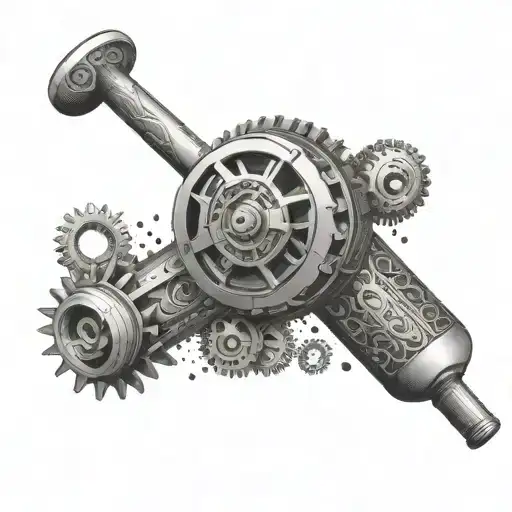 An Intricate Dotwork Tattoo Of A Mechanical Gear Morphing Into A Baseball Bat