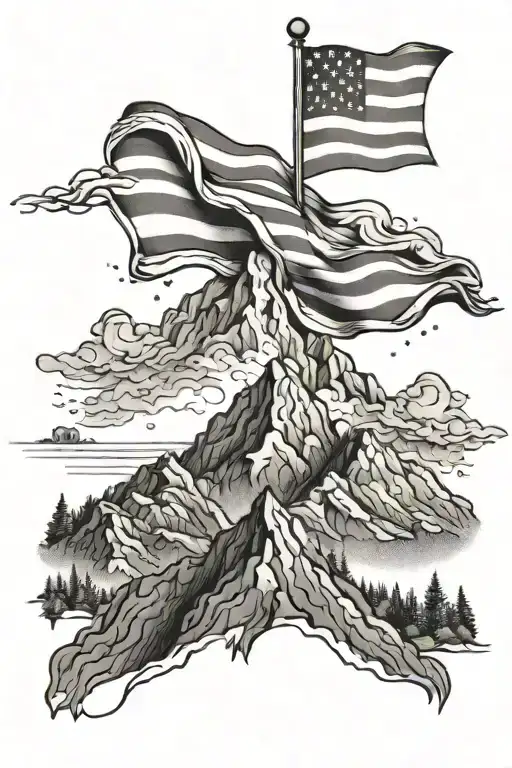 A Mountain Landscape With An American Flag Waving In The Wind