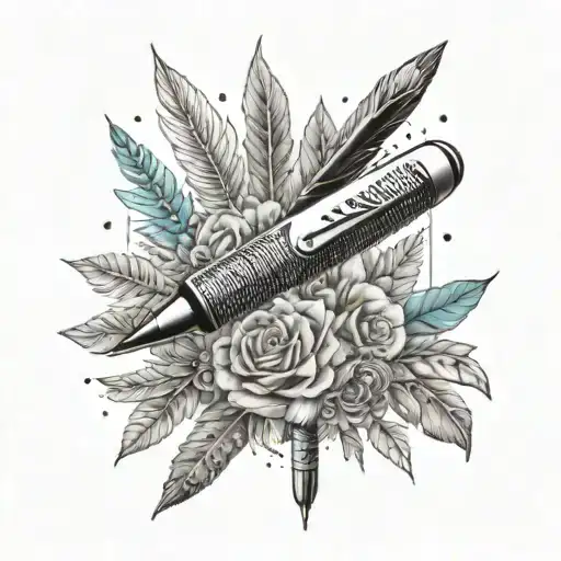 A Surreal Tattoo Of A Pen Transforming Into A Paintbrush Surrounded By Nature Elements