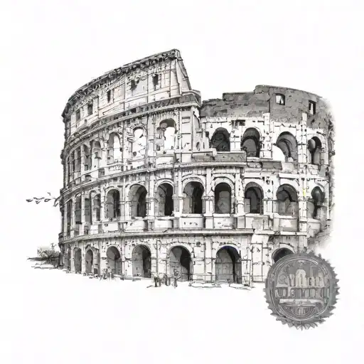A Dotwork Tattoo Design Of A Coliseum Scene With A Military Twist