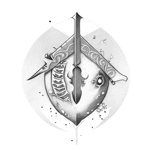 Sword Stabbed Through Apple With A Face With Fern Wrapping Around