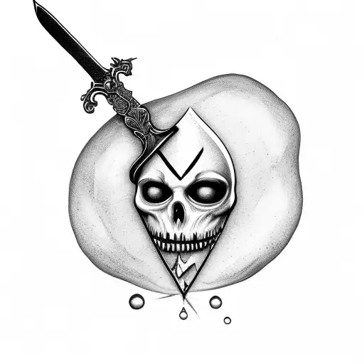 Sword Stabbed Through Apple With A Face With Fern Wrapping Around