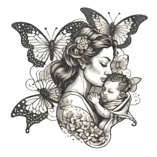 Mother Holding Child Symbol Intertwined With Butterflies