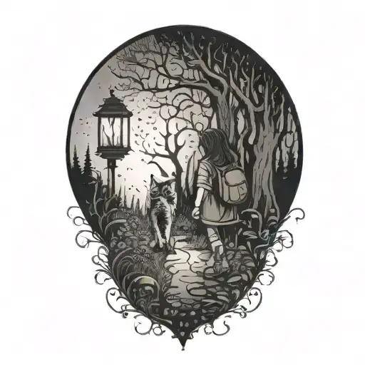 Young Girl Walking Into Dark Forest With Cat And Lantern