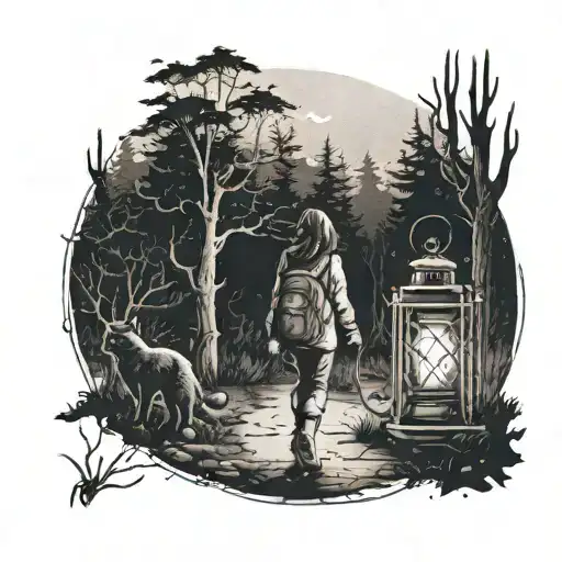 Young Girl Walking Into Dark Forest With Cat And Lantern