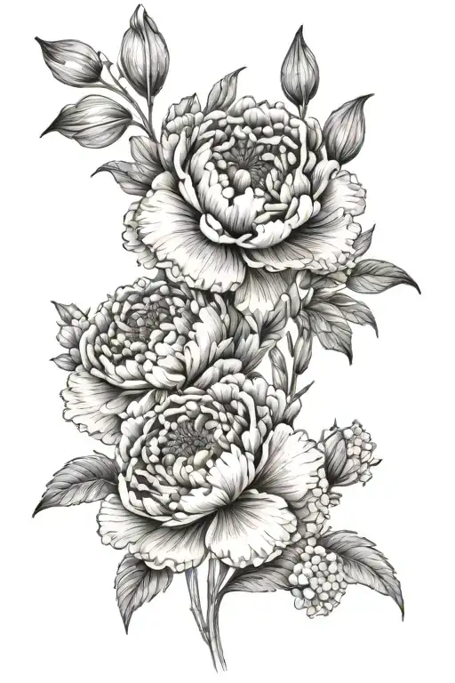 Peony Iris Hydrangea Flowers Line Drawing