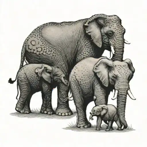 Elephant Couple With Three Baby Elephants