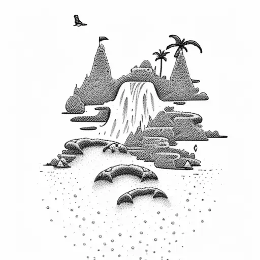 A Dotwork Tattoo Of A Tranquil Beach Scene With Waterfalls Cascading Down The Cliffs