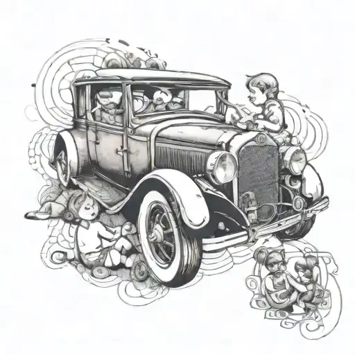 A Dotwork Tattoo Of A Pregnant Lady Sitting Inside A Classic Car Surrounded By Children Playing