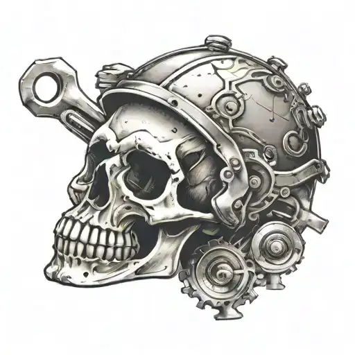 A Skull With Crossed Pistons And A Wrench In The Background