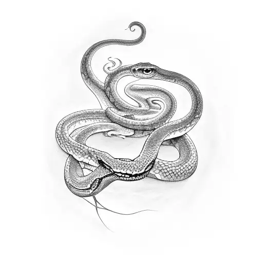 A Snake And A Snake Skelenton Wrapped Around A Girl Hanging Upside Down