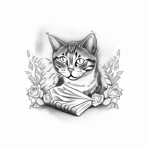 Cat With A Book And Roses