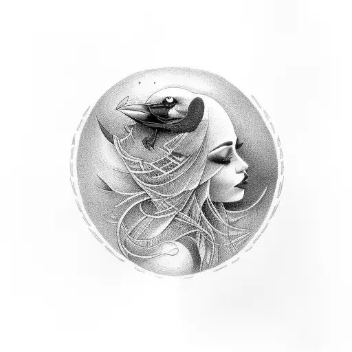 Crow With A Beautiful Woman In Red