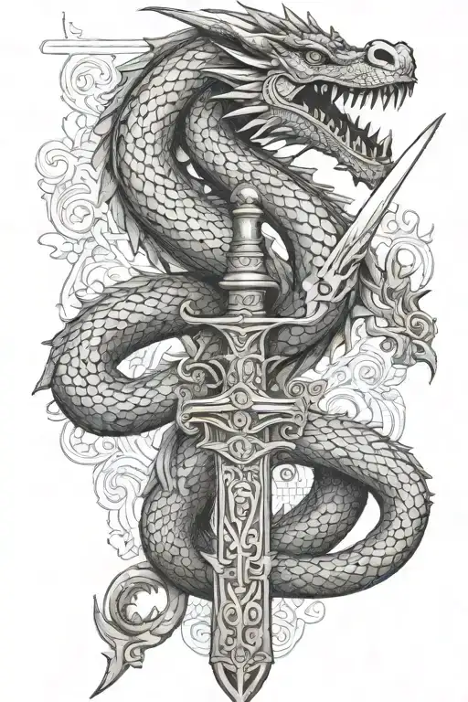 A Fierce Dragon Wrapped Around A Sword With Greek Patterns