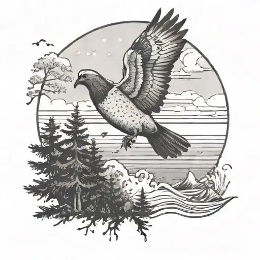 Create A Tattoo Design Featuring A Pigeon Flying Over An Ocean With Pine Trees In The Background