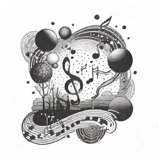 A Surreal Composition Featuring A Cosmic Landscape With Musical Notes Floating In Space