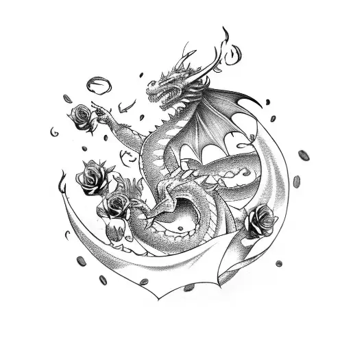 Mythical Dragon With Roses And Coffee