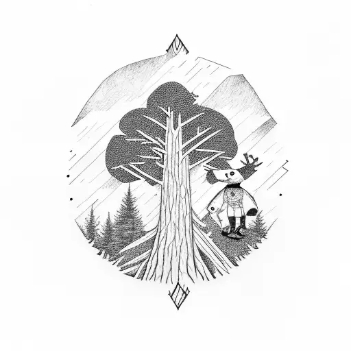 A Forest Scene With Punk Rock-inspired Tree Trunks And A Bear Playing Drums