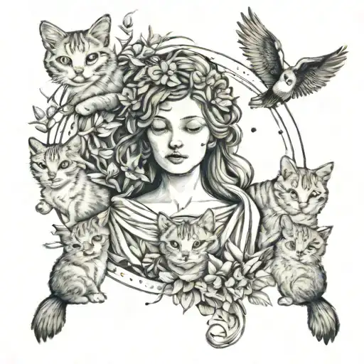 A Mother Figure Surrounded By A Halo Of Playful Kittens And Birds