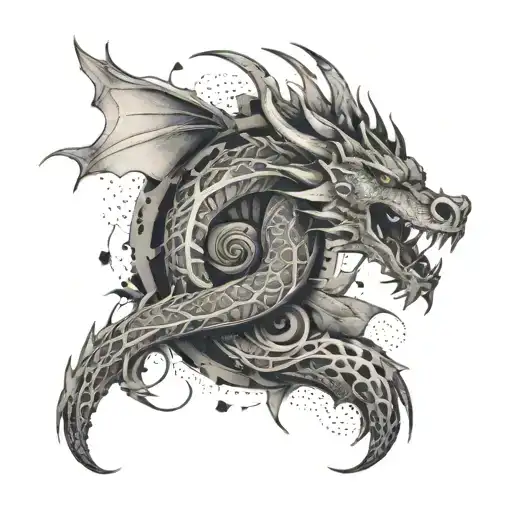Abstract Tattoo Design Incorporating Elements From Skins And A Dragon