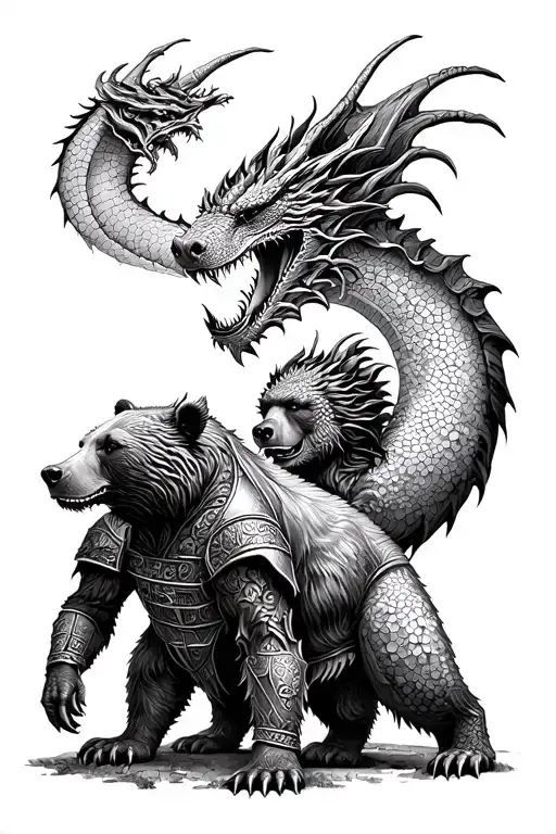 Dragon Above Grizzly Bear Above Female Gladiator