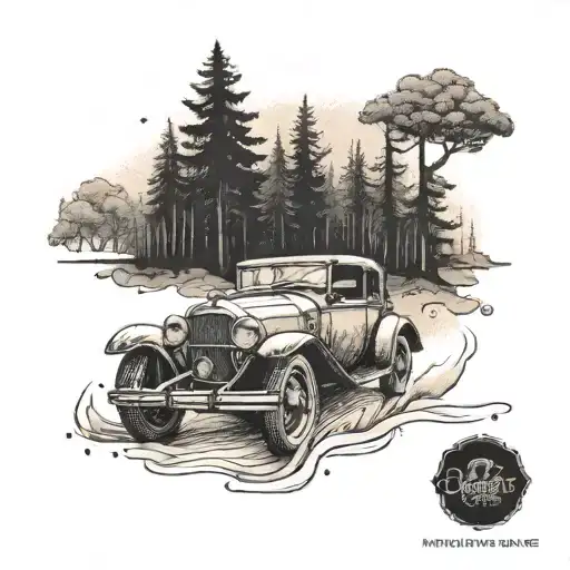 A Tattoo Of A Vintage Car Racing Through A Forest