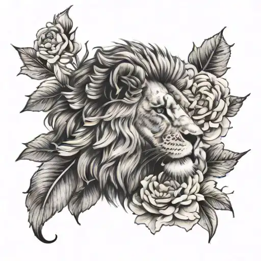 Black And Grey Lion With Peonies And Hibiscus Flower