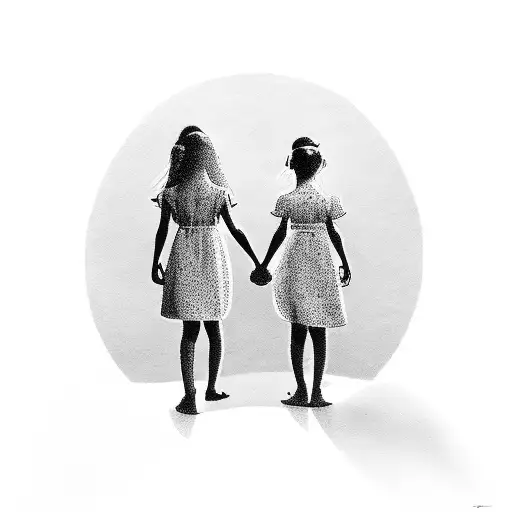 Silhouette Of Two Little Girls Holding Hands With Their Mom With Their Backs Turned