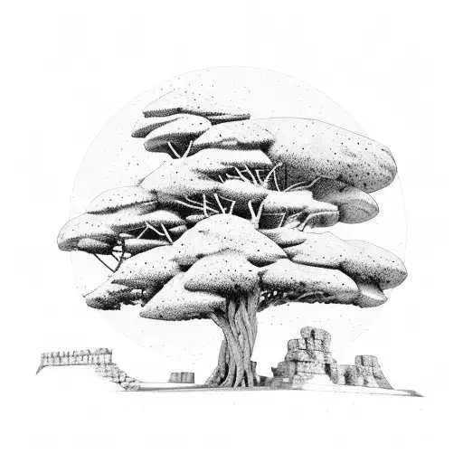 Lebanese Cedar Tree With Baalbeck Ruins And A Pigioun