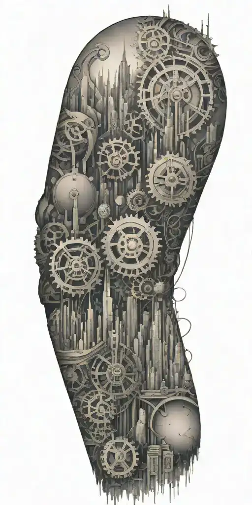 A Futuristic Cityscape With Skyscrapers Made Of Gears And Wires