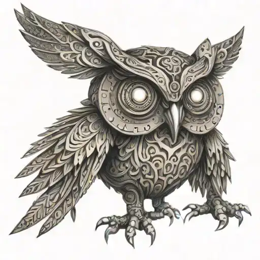 A Wooden Carving Of A Robotic Owl With Glowing Led Eyes