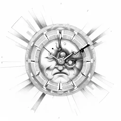 The Face Of A Grandfather Clock On The Bottom Half Combined With A Setting Sun On The Top Half