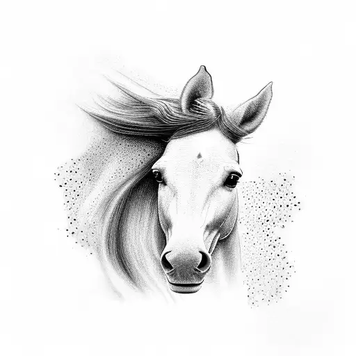 Dreamy Dotwork Portrait Of A Horse With A Camera Lens As Its Eye