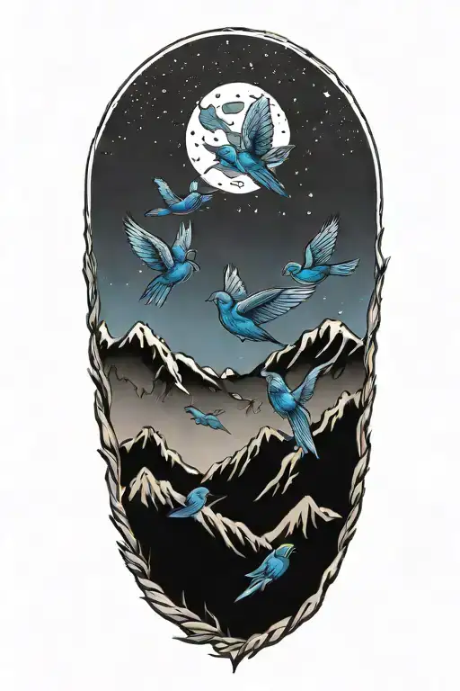 Sawtooth Mountain Range With Mountain Blue Birds Flying With Night Sky In The Background