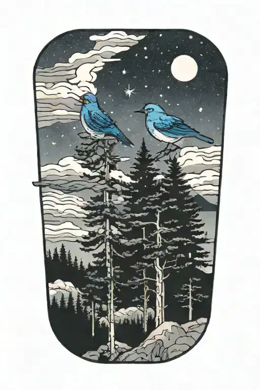 White Pine Trees With Mountain Blue Birds With Night Sky In The Background