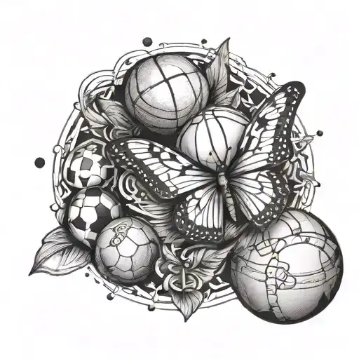An Intricate Tattoo Featuring A Butterfly With Basketball And Football Elements Intertwined